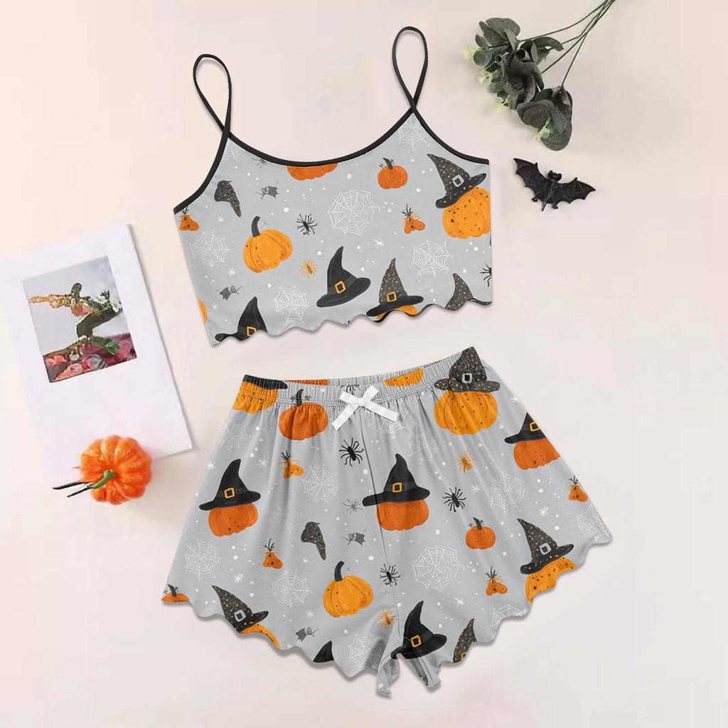 Women's Halloween Set With Retro Floral Print Suspender Sleeveless Vest Shorts Pajama Set