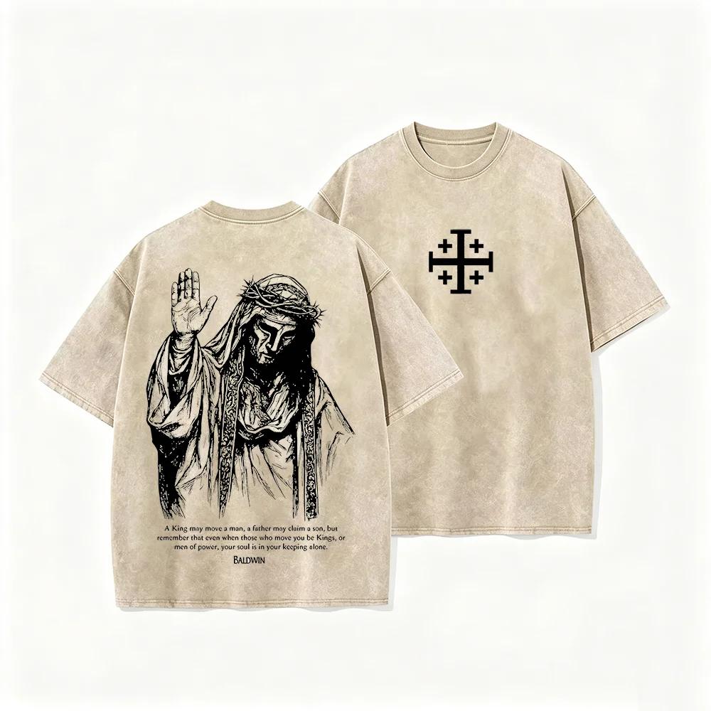2026 Jesus mit Dornenkrone T-Shirt Vintage gewaschen Grau Grafik-T-Shirt Unisex Lässiges religiöses Oberteil