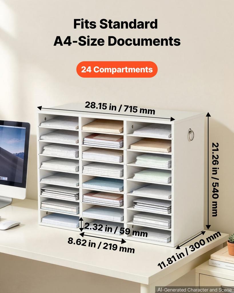Wood Literature Organizer 24 Compartments Office Mailboxes White, Countertop Literature Sorter for Files Documents Papers, with Adjustable Shelves,