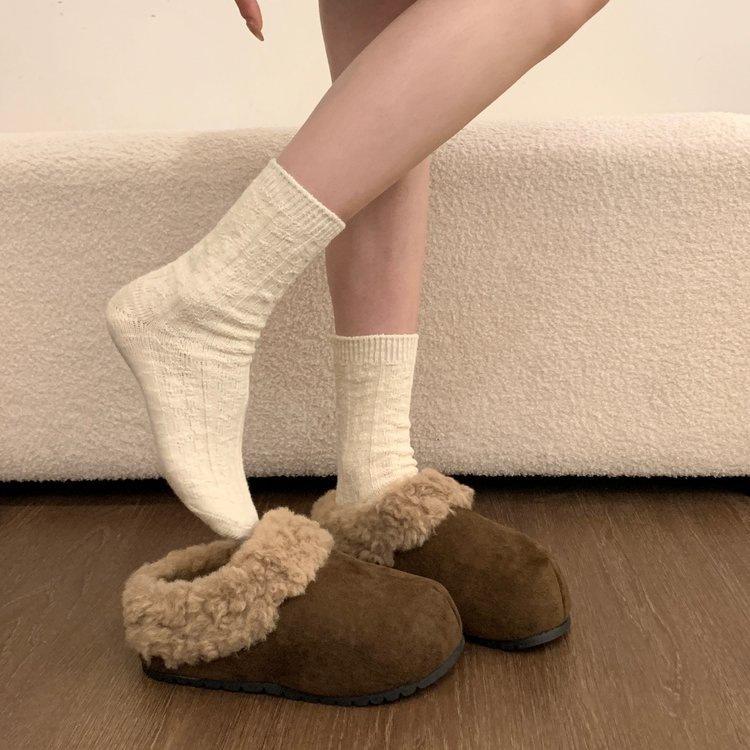 Temperament retro thick-soled fluffy slippers new autumn and winter outer wear bag head heightening cotton slippers
