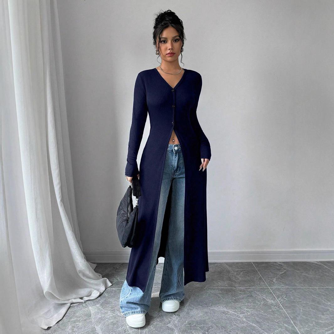 

Женский кардиган на пуговицах, длинный, с V-образным вырезом, с разрезами, вязаный в рубчик, повседневный топ для выхода в свет 2XL тёмно-синий