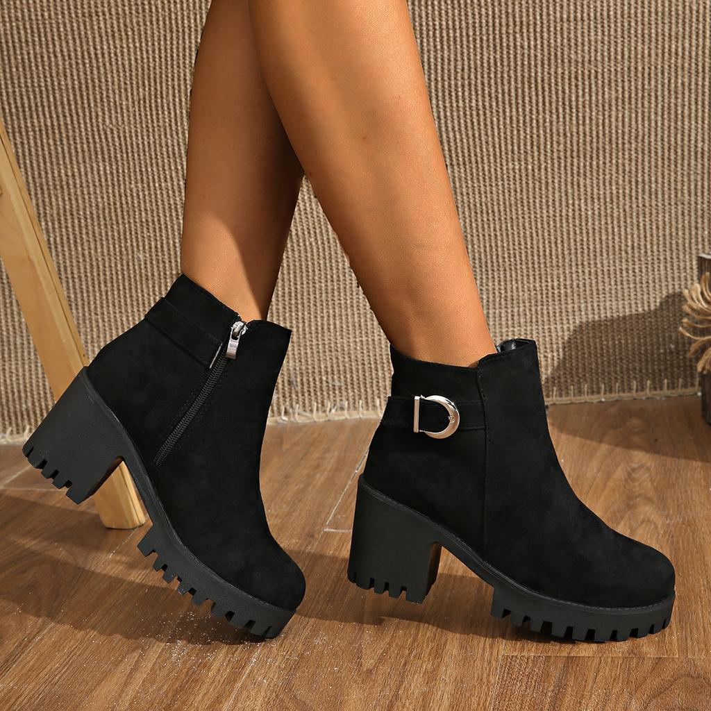 Fashionable New Round Toe Plus Size High-heeled Women's Boots Popular Spring  Autumn Square Heel Comfortable Casual Short Boots