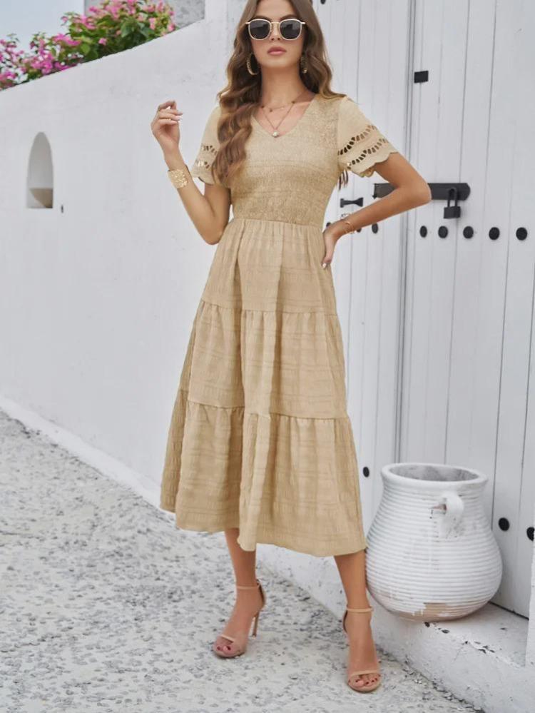 2024 Women Summer V Neck Short Sleeve Solid Color Dress European American Style Diyun Spring Fashion