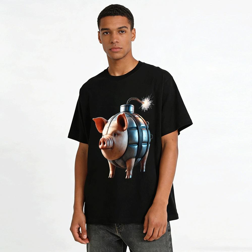 Funny Pig Head Bomb Graphic Casual Short Sleeve T-Shirt Pure cotton T-shirt