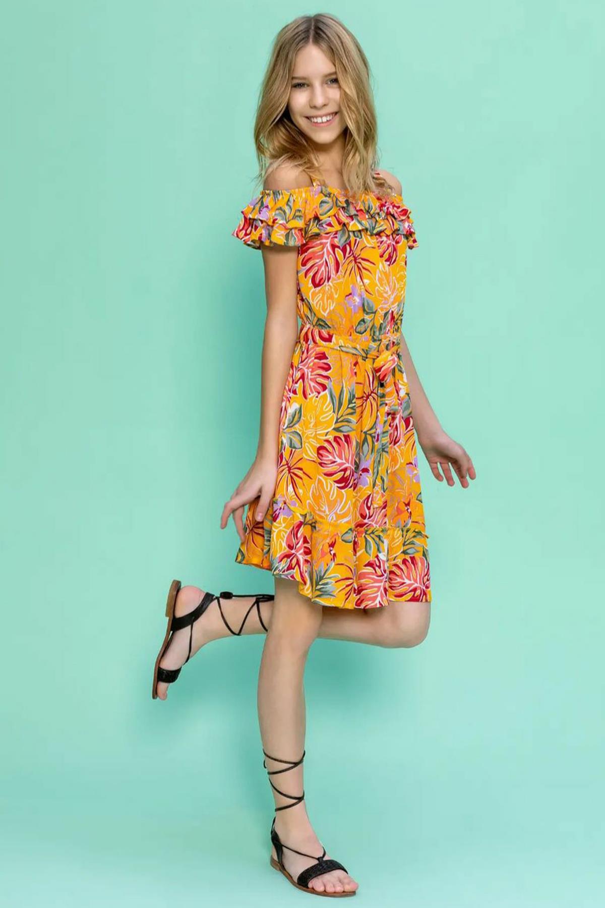 

Girl Leaf Printed Open Shoulder Madonna Collar Orange Dress