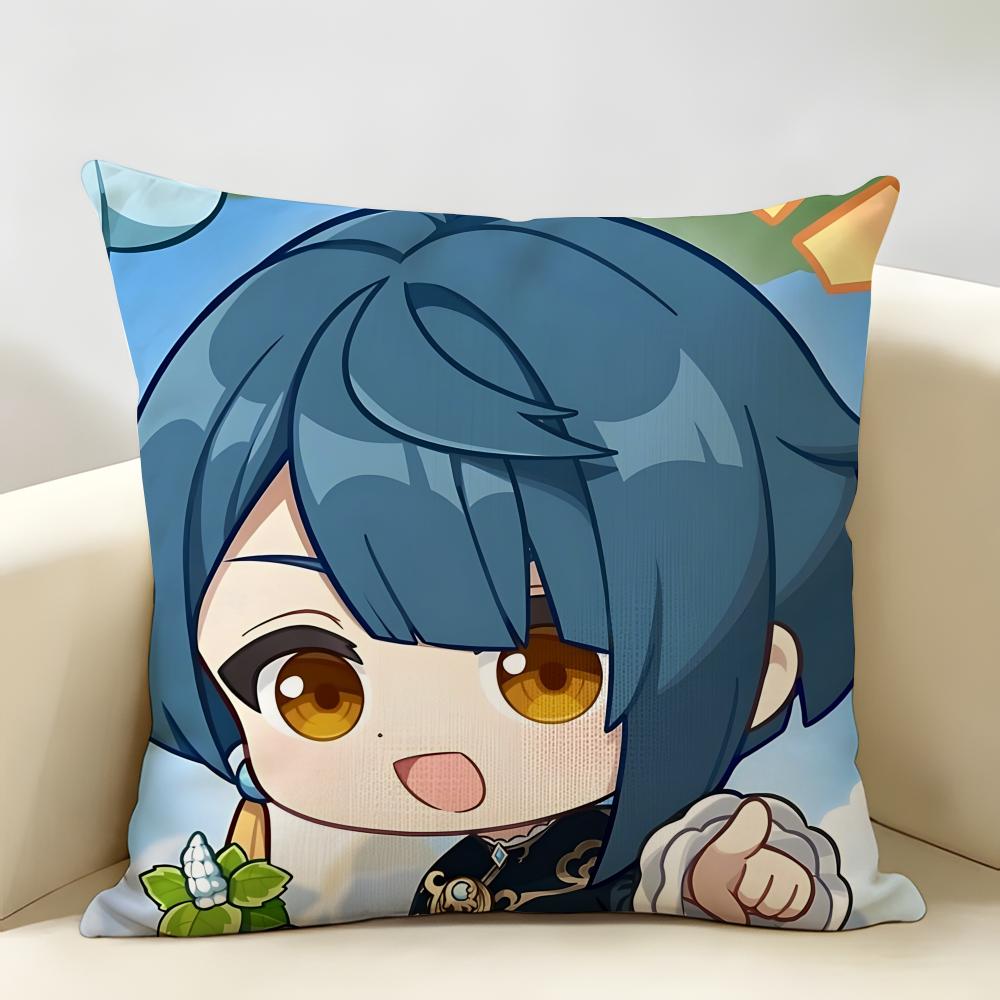 Xingqiu Genshin Impact Cushion Cover Natural Linen Organic Fabric DoubleSided Printing Room Sofa Decor Pillow Case