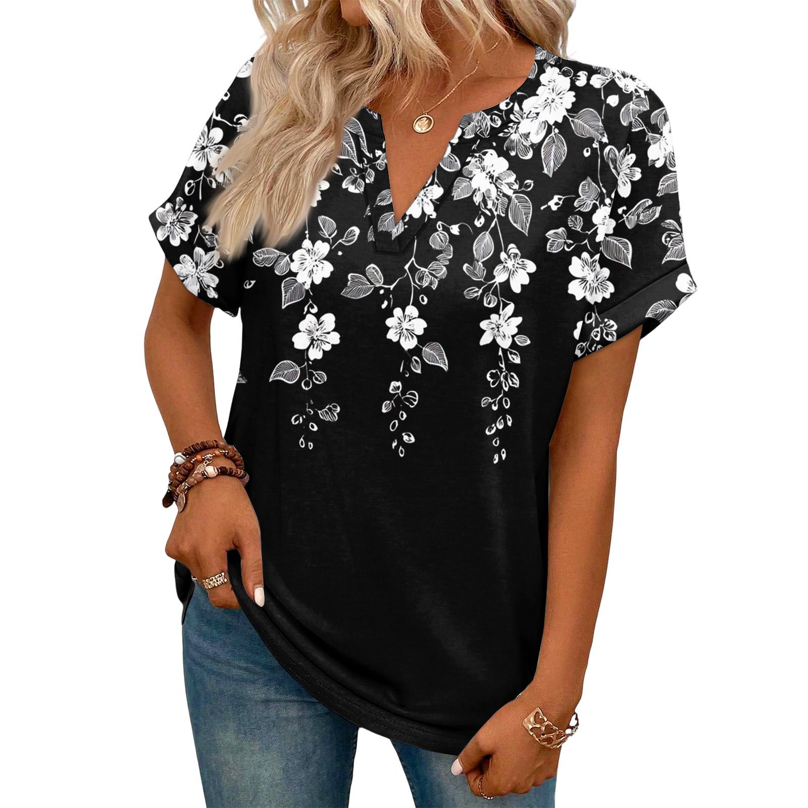 

Stylish Women s Casual V-neck Short-sleeved Retro Floral Print T-shirt L