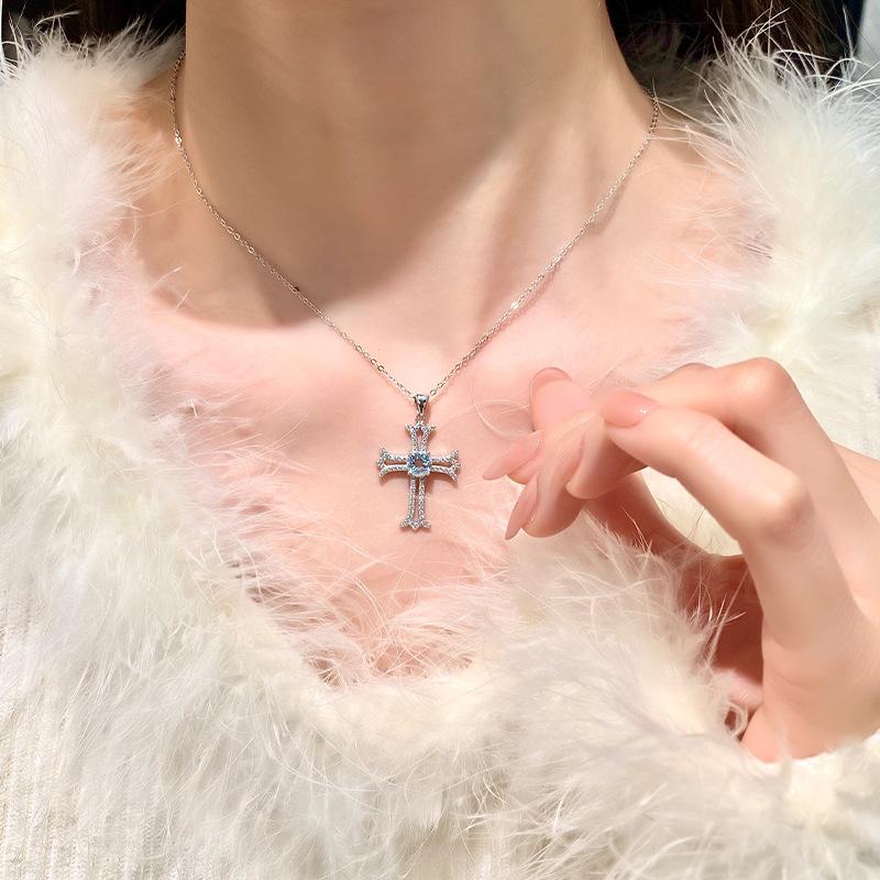 Gothic Cross Necklace European Style S925 Silver Inlaid Peridot Full Diamond Clavicle Chain