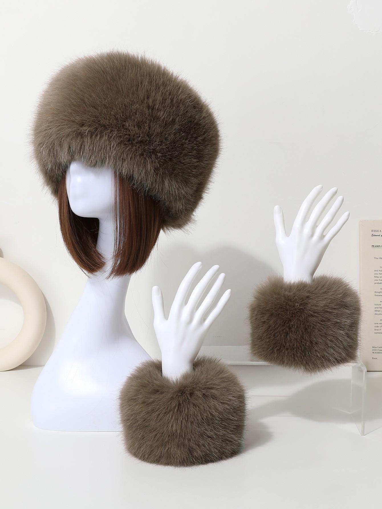 Ensemble 2 pièces Bonnet Doux Acrylique Couleur Unie et Poignets, Bordure Moelleuse, Chaud pour l'Automne Hiver Noël Accessoires d'Hiver Tenues d'Hiver