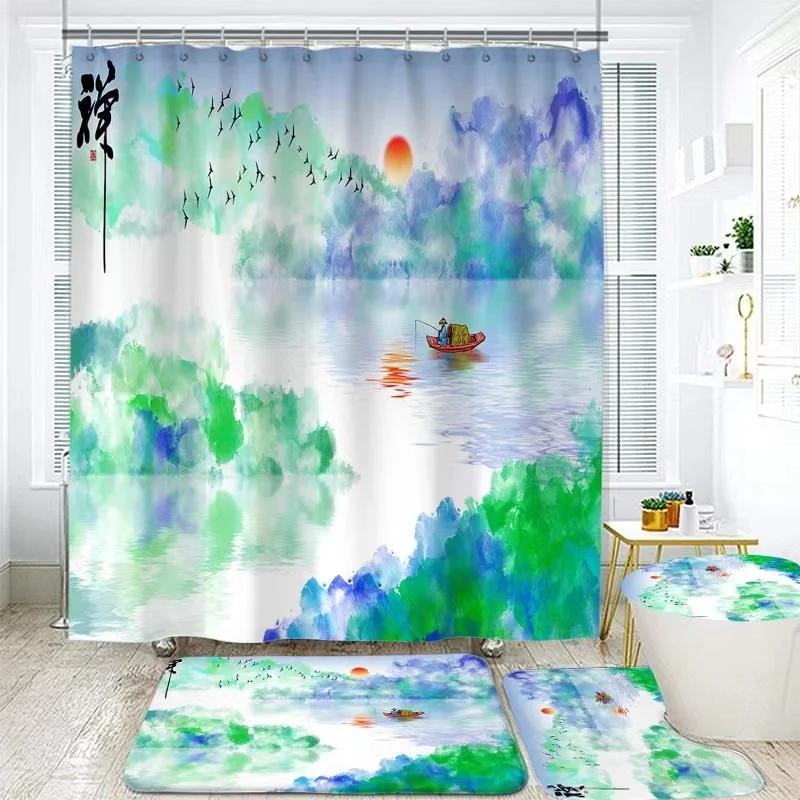 Landscape Ink Bamboo Painting Shower Curtains Chinese Style Bathroom Accessories Partition Waterproof Bath Curtains Rugs,Mat Set