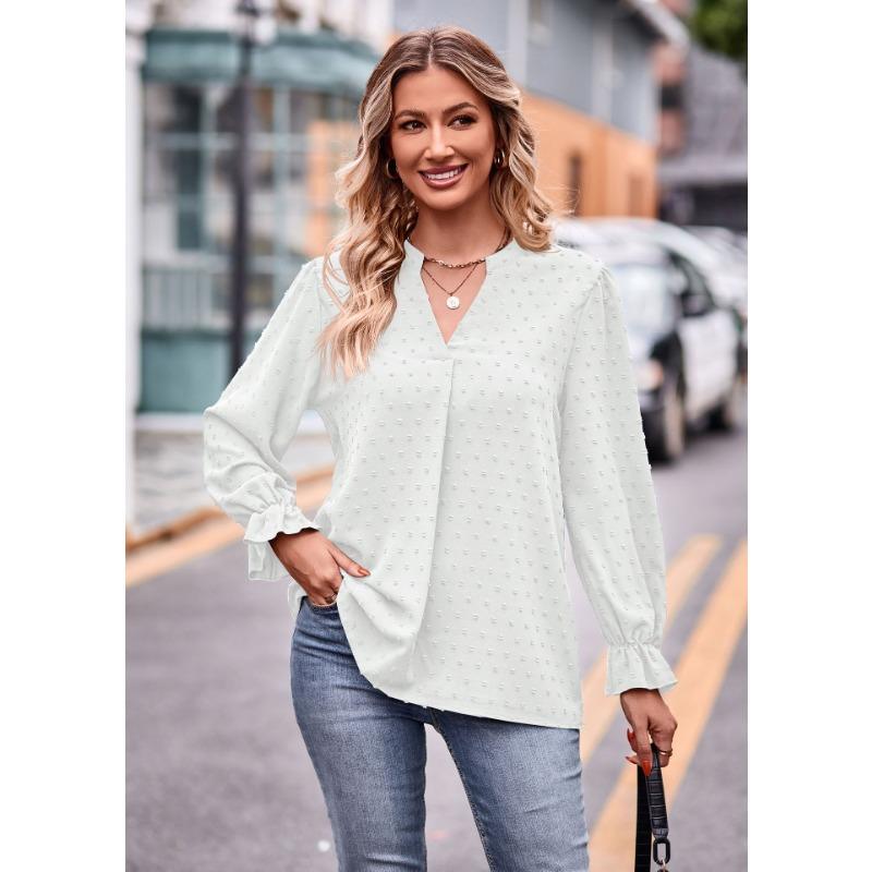 Spring and Autumn Women's Blouse Jacquard Shirt V-neck Loose Long-sleeved Tops