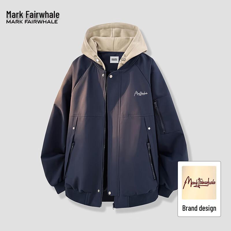 Mark Fairwhale Men s American Retro Faux Two-Piece Hooded Workwear Jacket 2XL