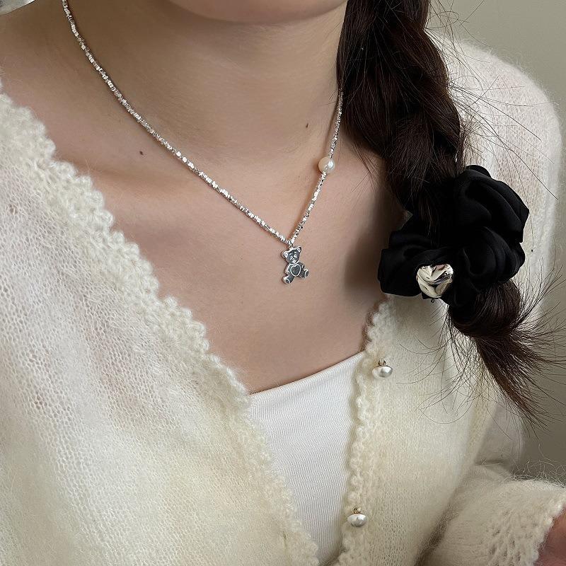 Su Chuang S925 Sterling Silver Little Bear Necklace with Freshwater Pearl - New Style Luxury Clavicle Chain