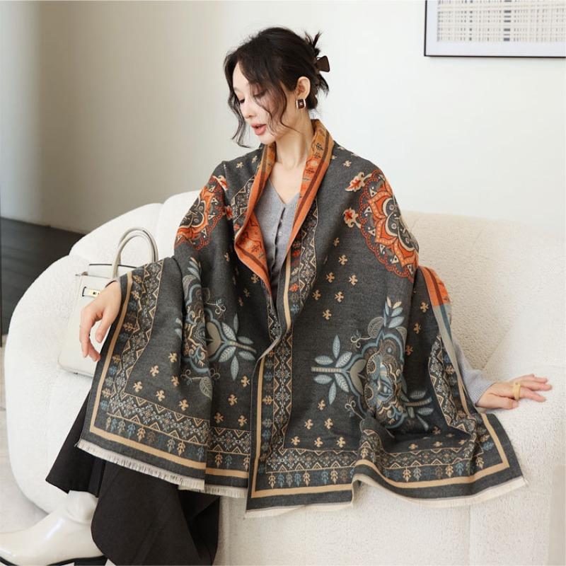 Autumn and winter new retro flower jacquard scarf women's thickened imitation cashmere warm scarf enlarged shawl warm scarf