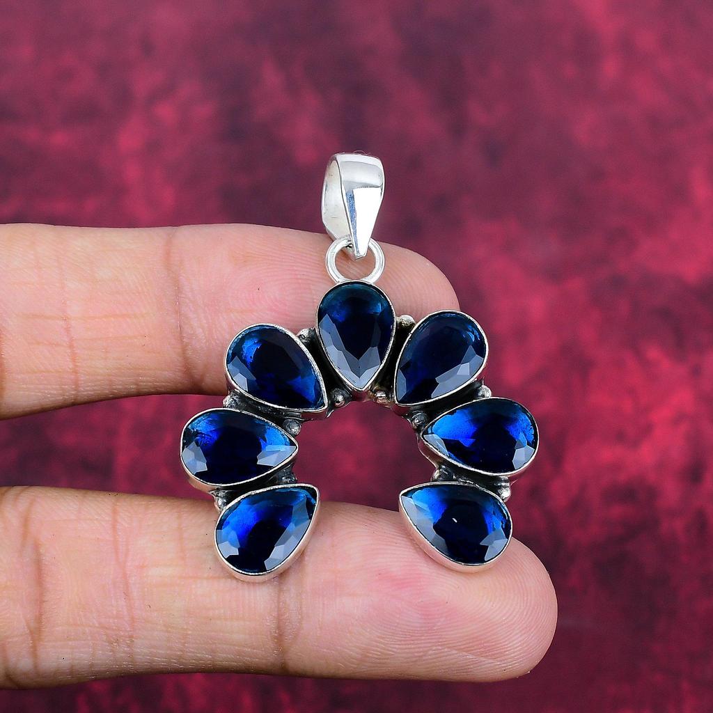 Blue Sapphire Pendant, Handmade Gemstone Pendant, 925 Solid Sterling Silver Pendant Antique Jewelry, For Engagement Gift