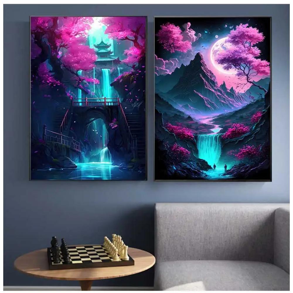 Fantasy Pink Neon Color Landscape Wall Art Canvas Paintings Japanese Anime Cyberpunk Poster Prints Pictures For Home Decoration