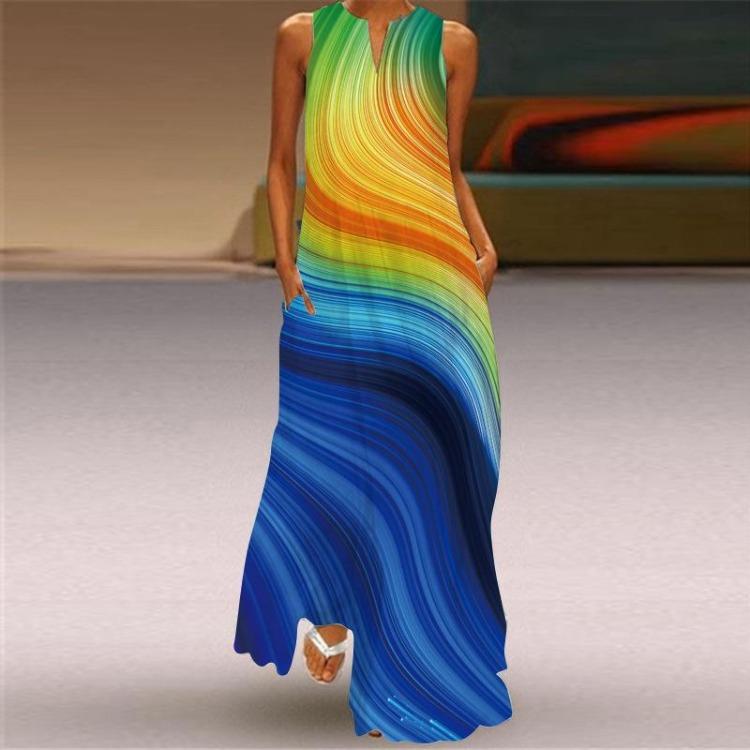

2024 Summer Sleeveless Long Dress European Retro Print V Neck Multicolor S