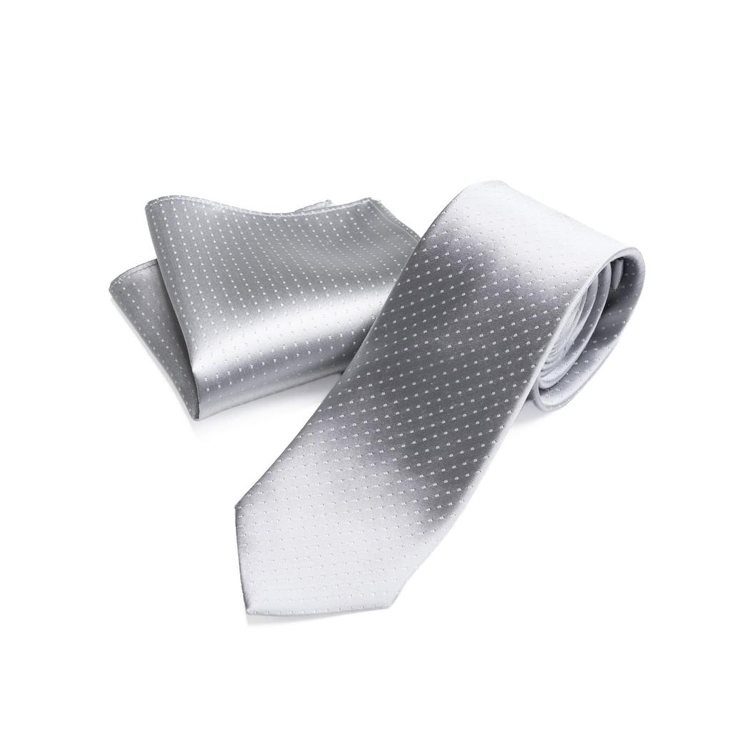 Tie and pocket square set for weddings and formal occasions. Silver, made in Tango, Kyoto. 100% silk. Domestically sewn. By Y&Tailor (pocket square