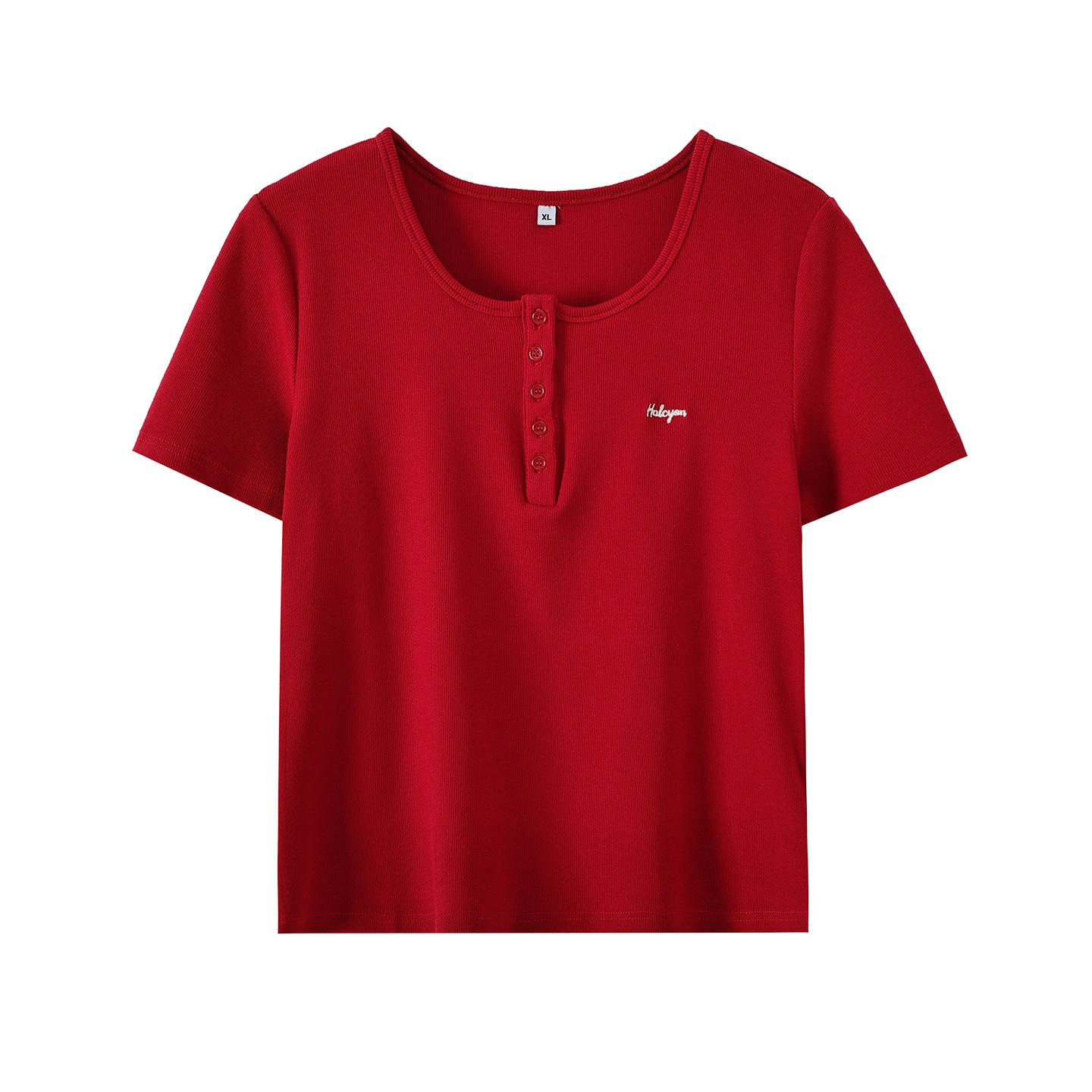 

2026 Spring Women s Slimming Solid Square Neck Pullover T-Shirt, Plus Size XL (65-75 kg) красный