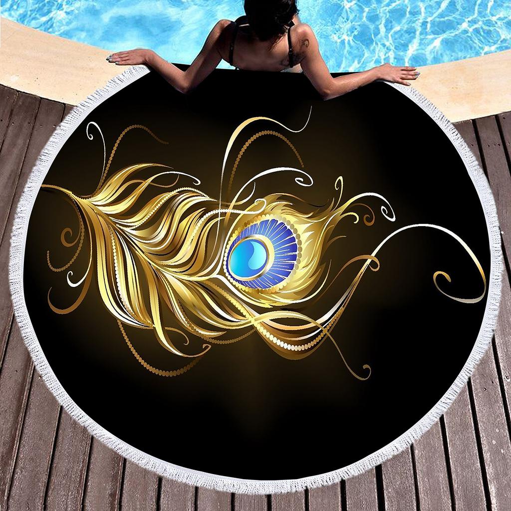 Luxury Gold Vintage Floral Round Beach Towel with Tassels, Microfiber Quick Dry Beach Blanket Absorbent Meditation Rug Yoga Mat