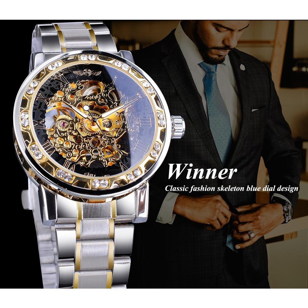 WINNER Watch Men's Fashion Casual Classic Popular Hollow Rhinestone Manual Mechanical Watch S1089-2-W