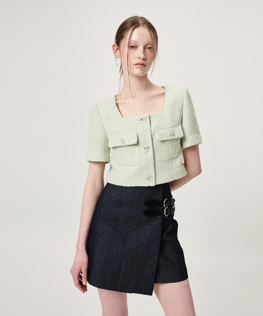 ETMON Buckle Wrap Mini Skirt, Black Indigo