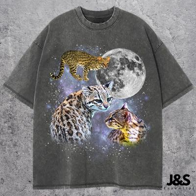 Three Oncilla Retro T-Shirt, Vintage Wild Cat Moon Tee, Exotic Feline Graphic Shirt, Unique Wildlife Lover Nature Gift