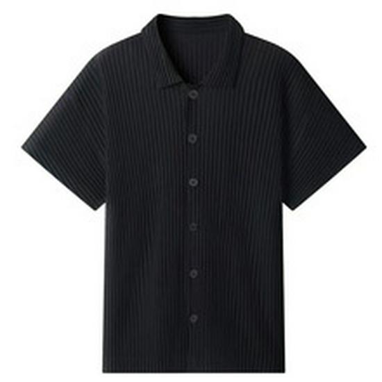 Men's Loose Fit Miyake-Style Pleated Polo Shirt - Solid Color, Long Sleeve, Classic Japanese Design