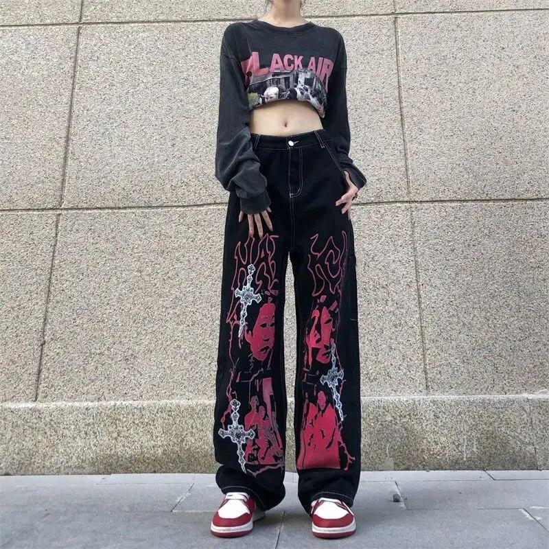 WAZHAKU Y2k Jean Baggy Pour Femme Taille Haute Jambes Larges Vintage Décontracté Coupe Large Streetwear Adolescente Fille Jambe Droite Jeans Vêtements Tendance Y2k Jeans Boyfriend Jeans Avec Broderie