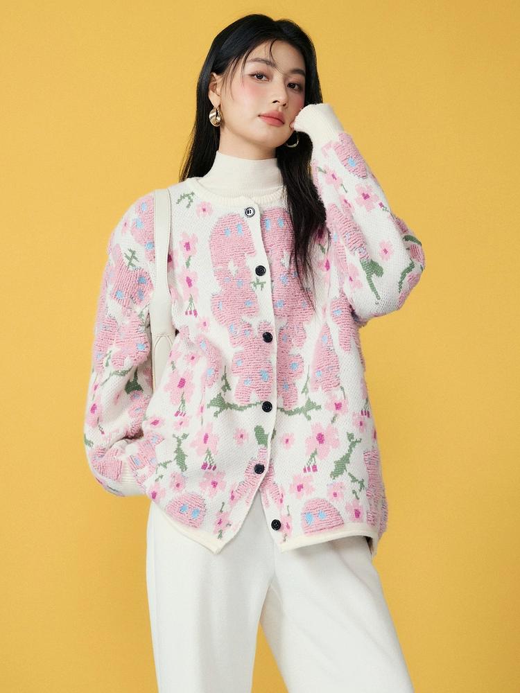 

DIMANAF 2025 Свитеры Цветочное пальто Розовый кардиган Осень Женский принт Круглый вырез Свитеры Летучая мышь Вязаный Свободный свитер Зеленый One Size розовый