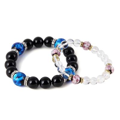 Glowing Firefly Glass Pair Bracelet Blue Onyx 12mm Pink Crystal 8mm Luminous Type Dragonfly Ball [091bt]