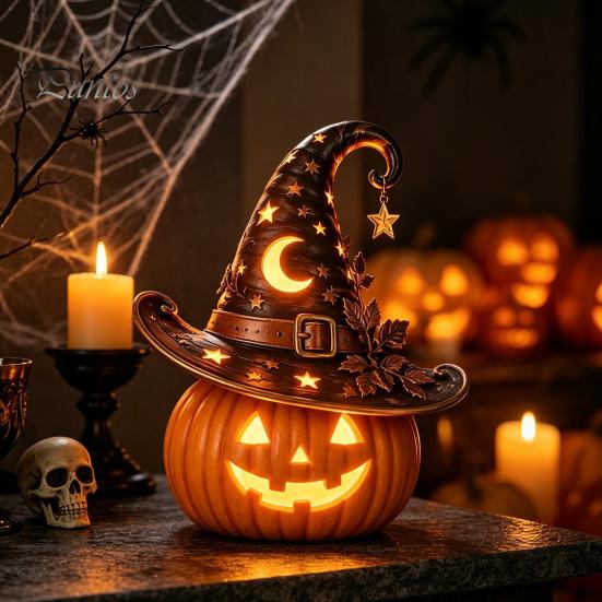 Handmade Three Dimensional Figures Halloween Pumpkin Night Light, Resin LED Dragon Tabletop Lamp, Witch Collectibles for Lovers Hat Black Cat