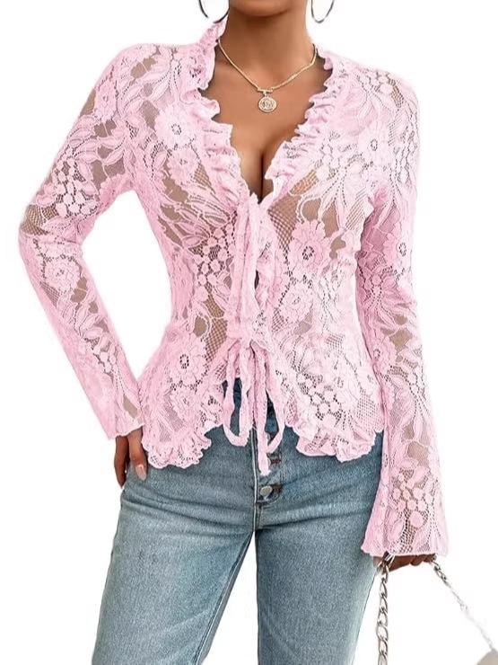 2026 Spring/Summer Women's Elegant Lace V-Neck Long-Sleeve Shirt