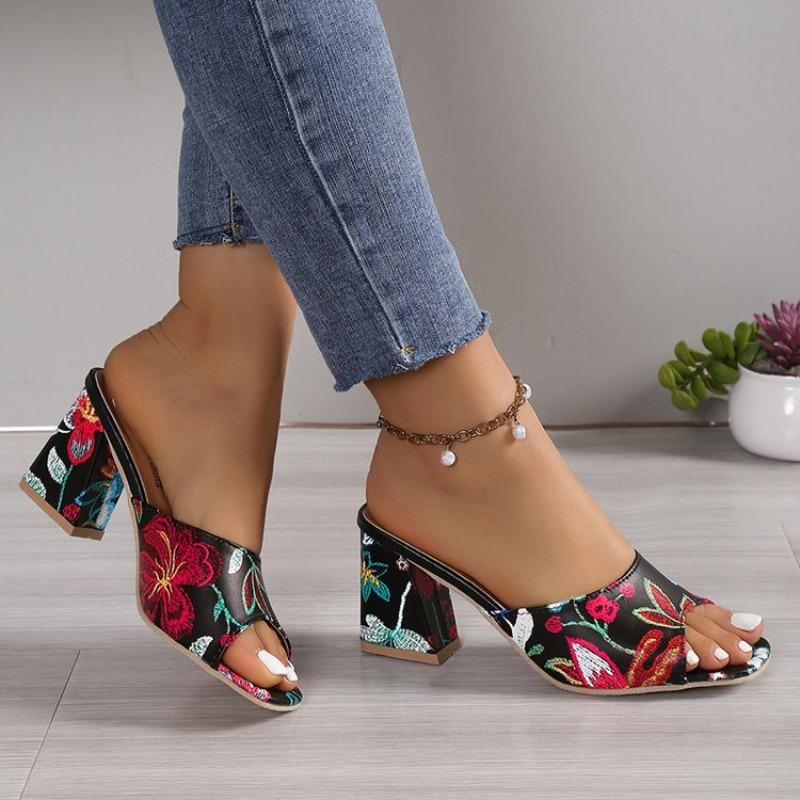 Women's Embroidered Peep Toe Square Heel Sandals, Single Strap Block Heel Plus Size Shoes