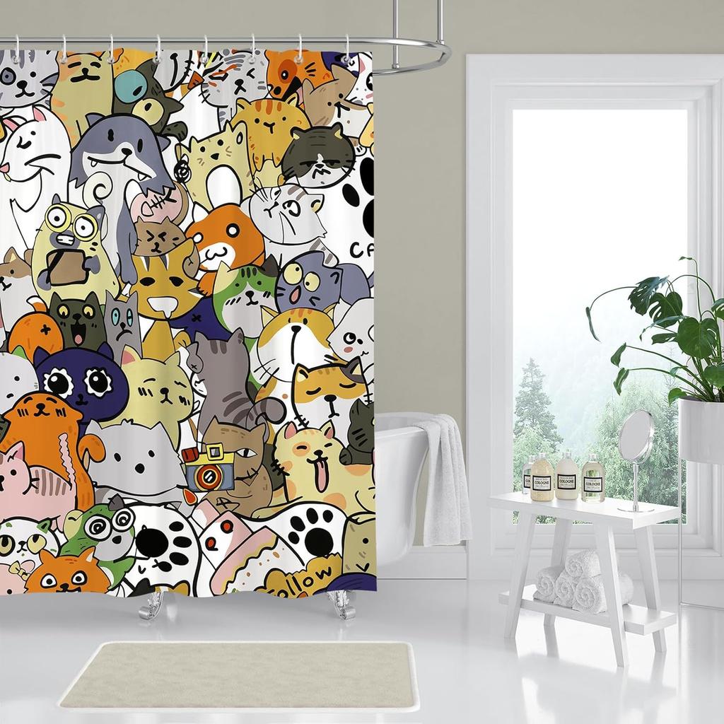 Cute Cartoon Cats Shower Curtain Fun Animal Design Bathroom Decor Kawaii Theme Waterproof Bath Curtain