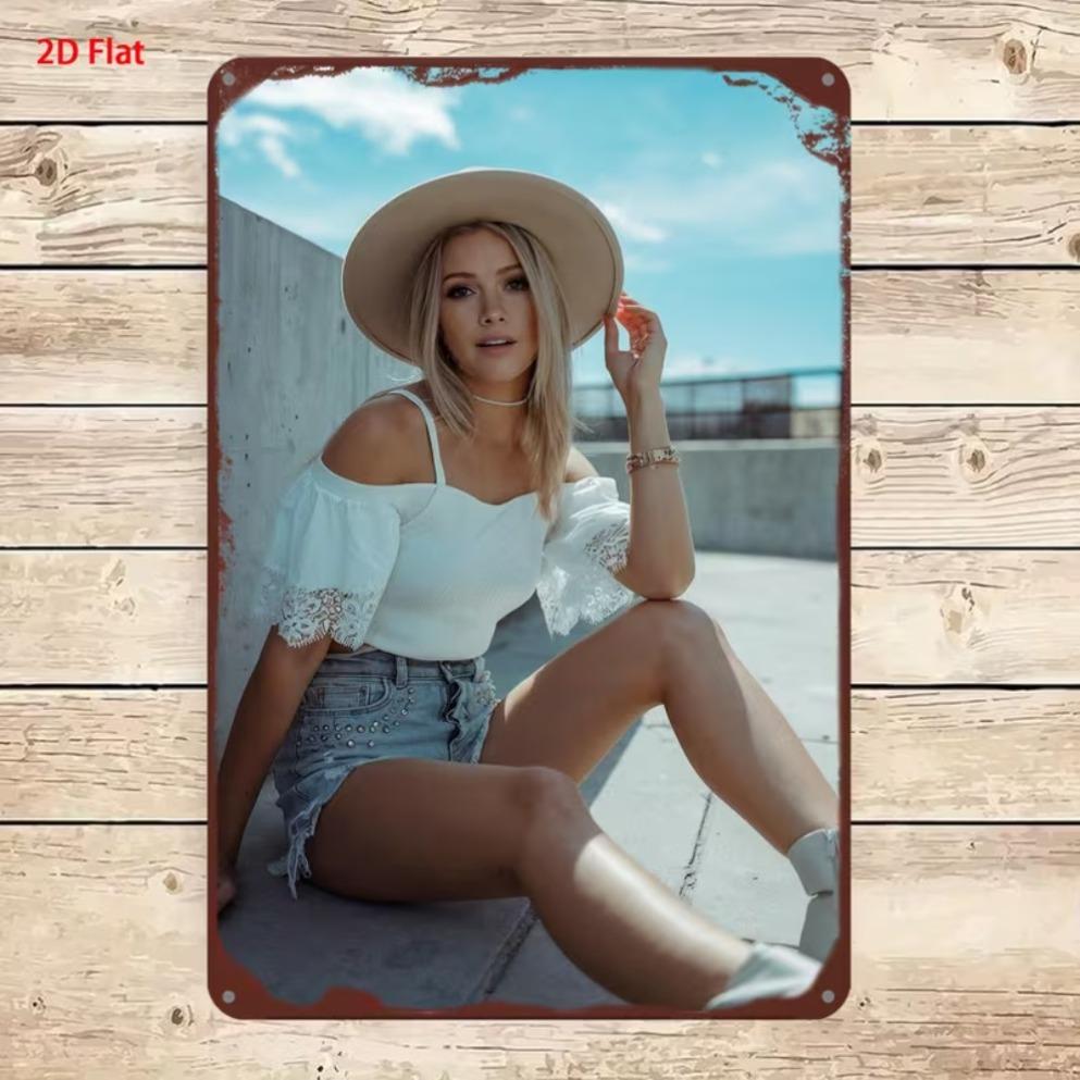 Vertical Metal Tin Sign Blonde Woman Yellow Crop Top Denim Shorts Wildflower Scenery Wall Hanging Decor