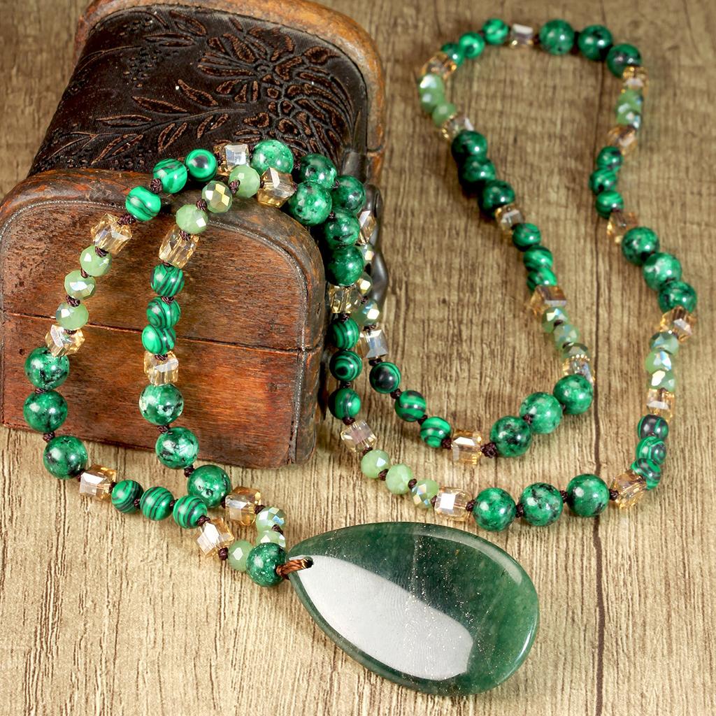 Beads Chain Long Necklaces Green Stone Water Drop Pendant Necklace Sweater Chain Jewelry For Women Gift
