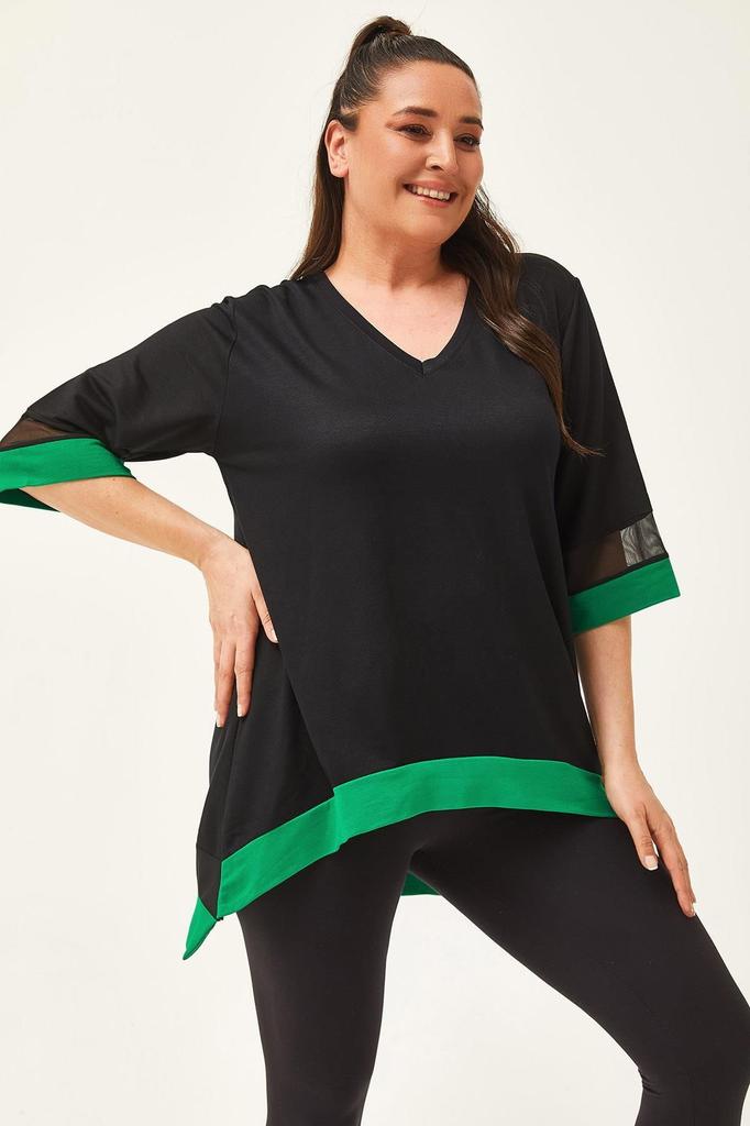 Women's Big Size Blouse Plus Size Black-Green Blouse with Tulle Detail On Sleeves and Skirt