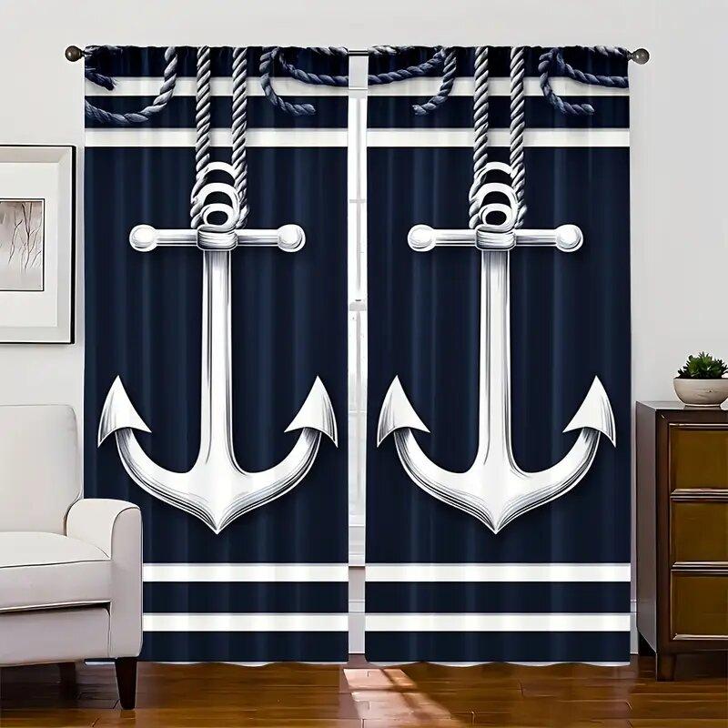 Sea Anchor Pattern Printed Curtains Window Decoration Home Room Curtain Made Of Polyester