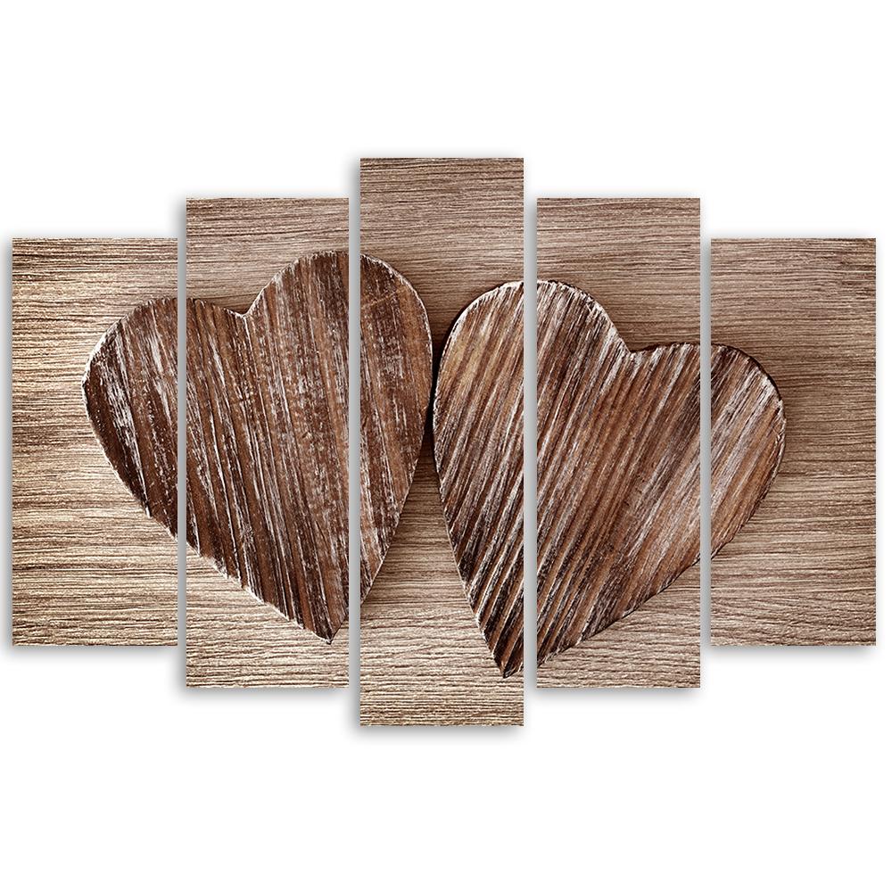 Five Piece Picture Canvas Print Heart Wood Brown Retro