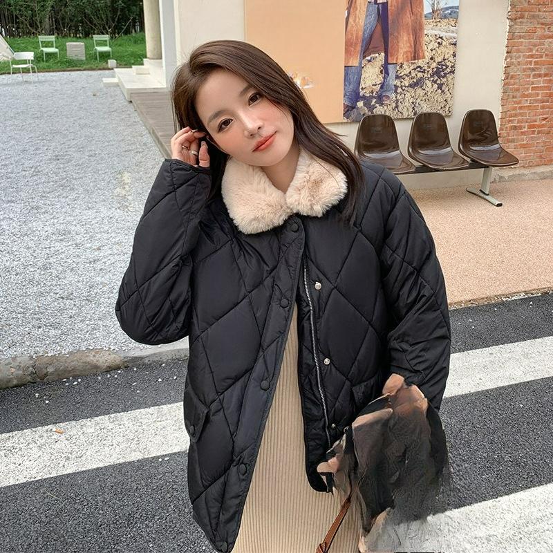 Short Stitching Lamb Wool Collar Lightweight Rhombic Cotton Jacket Women's Autumn and Winter Casual Warm Padded Jacket