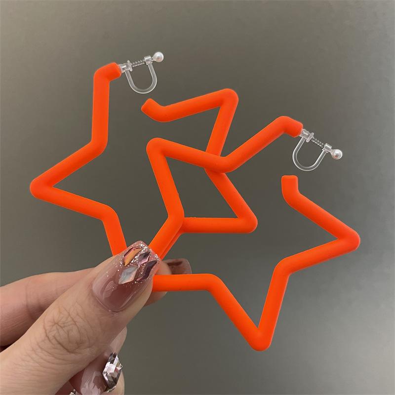 Colorful Earrings with Fluorescent Effect, Featuring Exaggerated Personality, Five-pointed Star-shaped Ear Holes, Ear Clips and Dangling Fringes.
