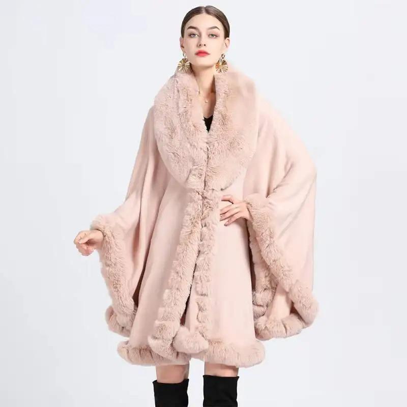Cape en Fourrure Femme Vêtements d'Hiver Ponchos Épais et Chauds Châle Shawl Manteau Cardigan Longs Amples Manteaux
