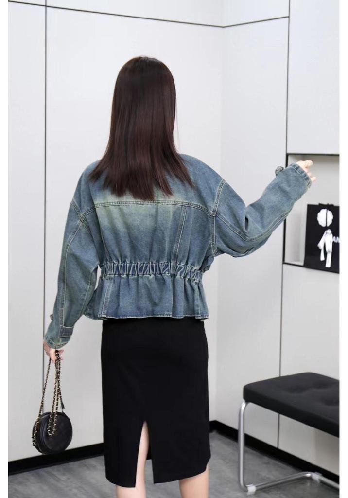 2024 Korean-Style Beaded V-Neck Denim Jacket for Women
