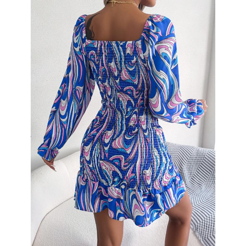 Women's Autumn/winter Sexy Square Collar Print Long Sleeve Ruffled Hip Wrap Dress