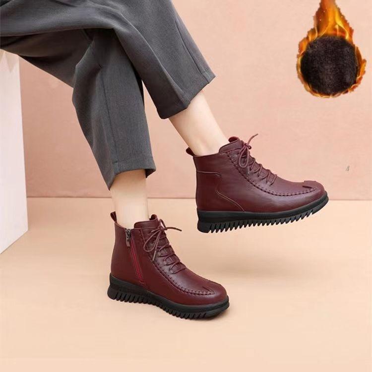 Women's fur one thick bottom winter leather waterproof lightweight warm snow boots non-slip wear casual sneakers cotton boots