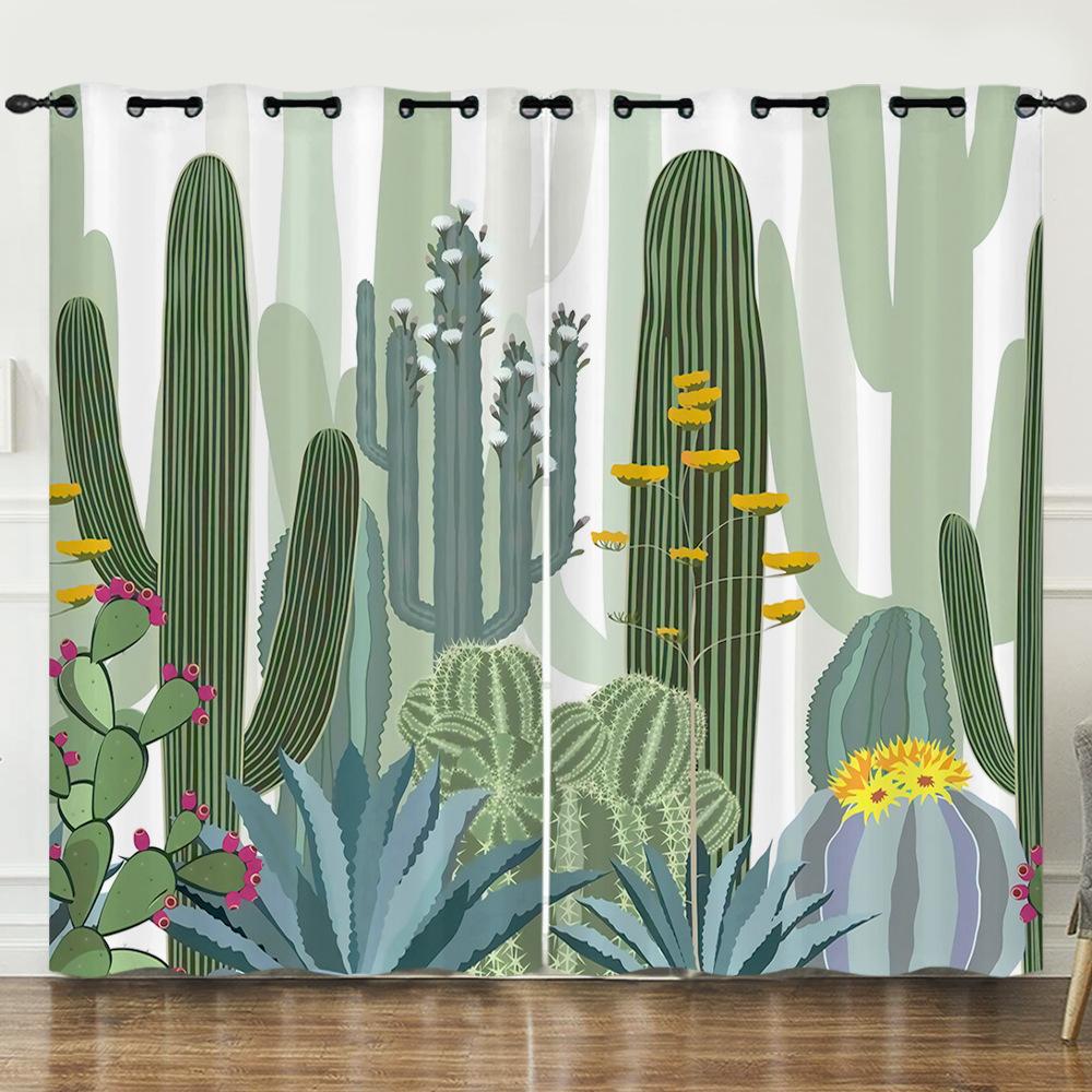 Curtains Fresh Green Plants Hand-Painted Cactus 3D Digital Printing Blackout Curtain Punching