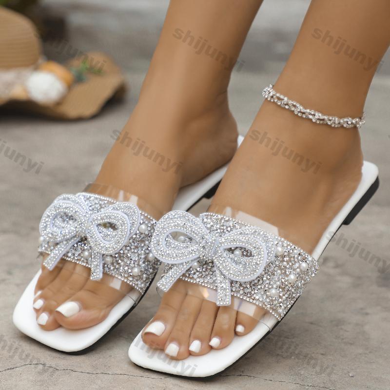 Women Luxury Flats Slippers 2025 Summer Designer Brand Beach Sandals Ladies Flat Open-toe Pearl Bow Shoes Slides Plus-size 43