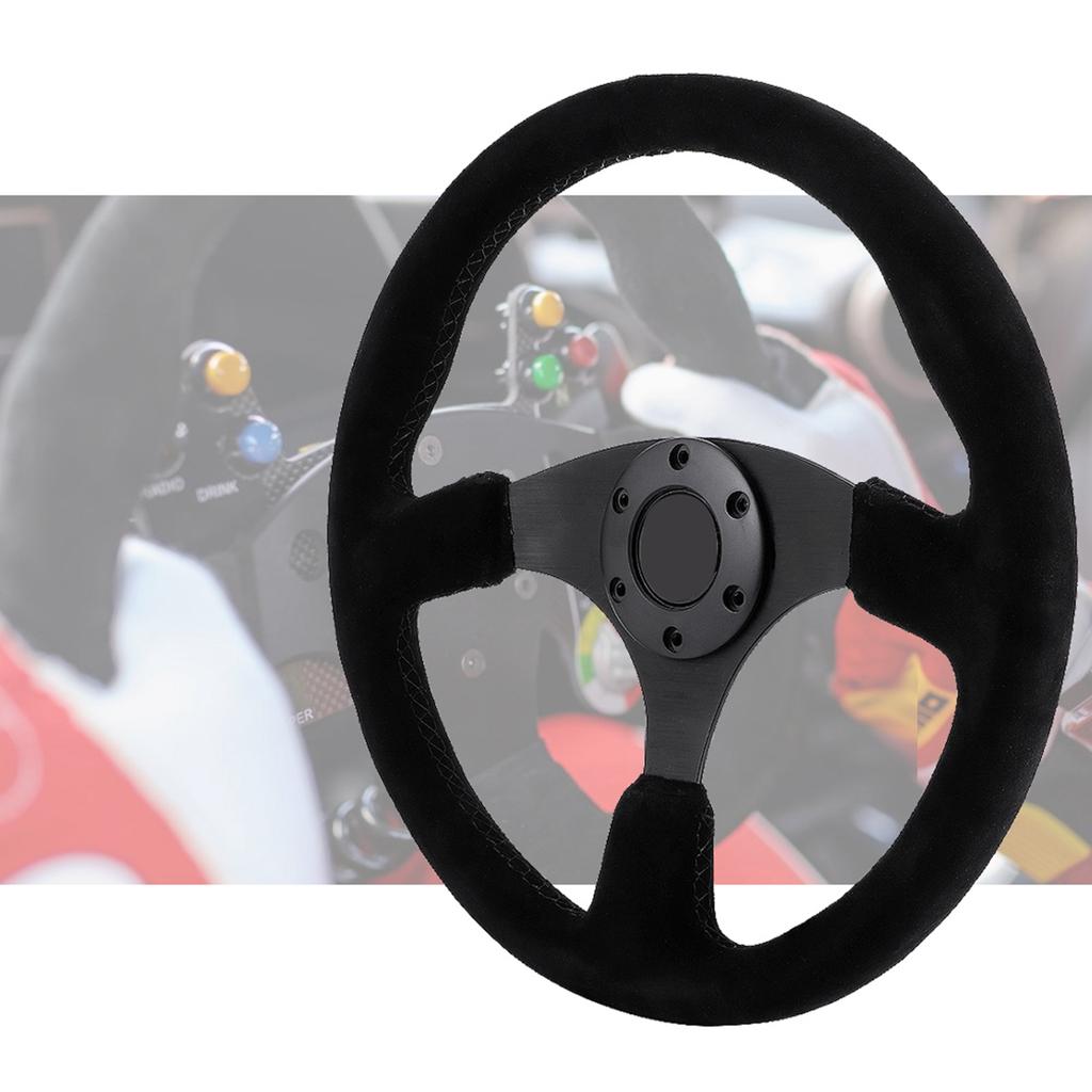 14in 350mm for Style 6‑Bolt Black Suede Racing Steering Wheel Black Stitching with Horn Button