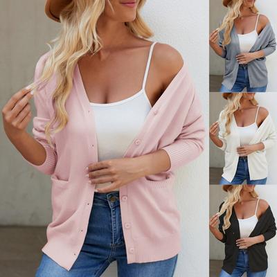 Knitted Cardigan Sweater Autumn And Winter V-neck Long Sleeve Solid Color Single-breasted Women's Knitted Sweater